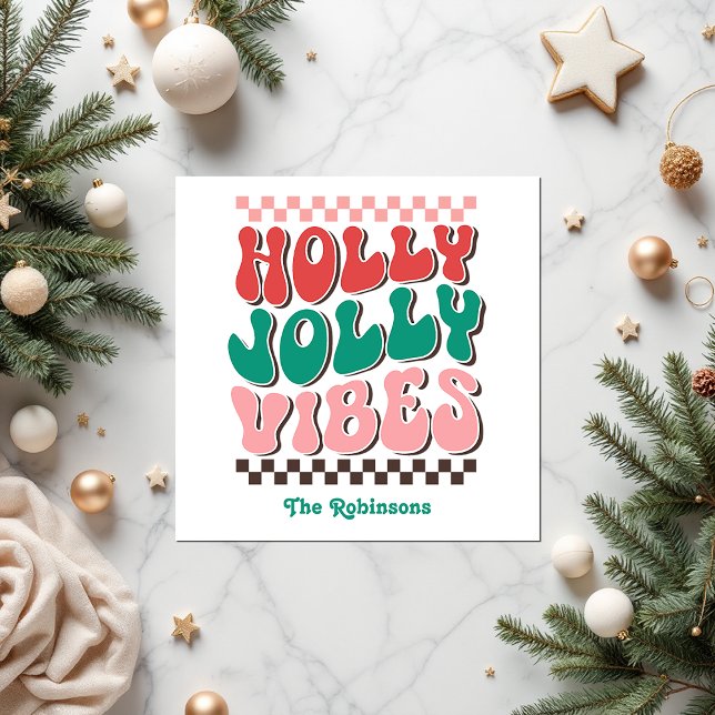 Retro Holly Jolly Vibes Custom Christmas Party Napkin (Retro Holly Jolly Vibes Custom Christmas Party Napkins)