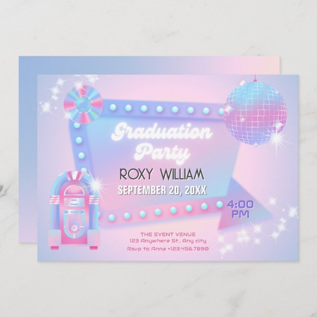 Retro holo disco graduation party invitation (Front/Back)