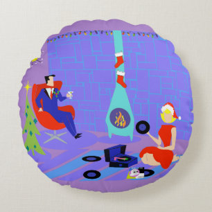 Retro Home for the Holidays Round Pillow