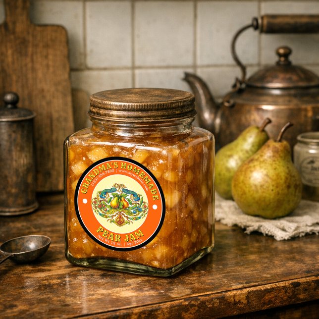 Retro Homemade Pear Jam Template Classic Round Sticker (Creator Uploaded)