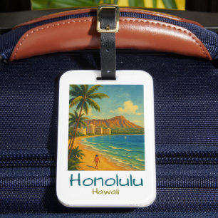 Retro Honolulu Hawaii Waikiki Beach Luggage Tag