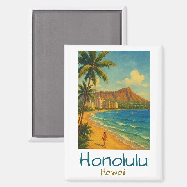 Retro Honolulu Hawaii Waikiki Beach Magnet (Front/Back)