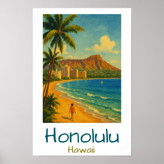 Retro Honolulu Hawaii Waikiki Beach Poster (Front)