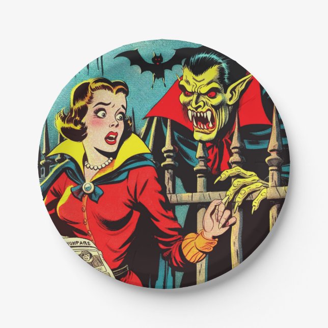 Retro Horror Vampire Comics Paper Plate (Front)