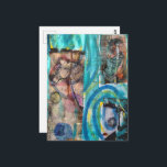 Retro Horse, Donkey, and a Doll Unique Mixed Media Postcard<br><div class="desc">A random collage of vintage textbook papers and a vintage horse,  a vintage donkey,  and a doll on a blue background</div>