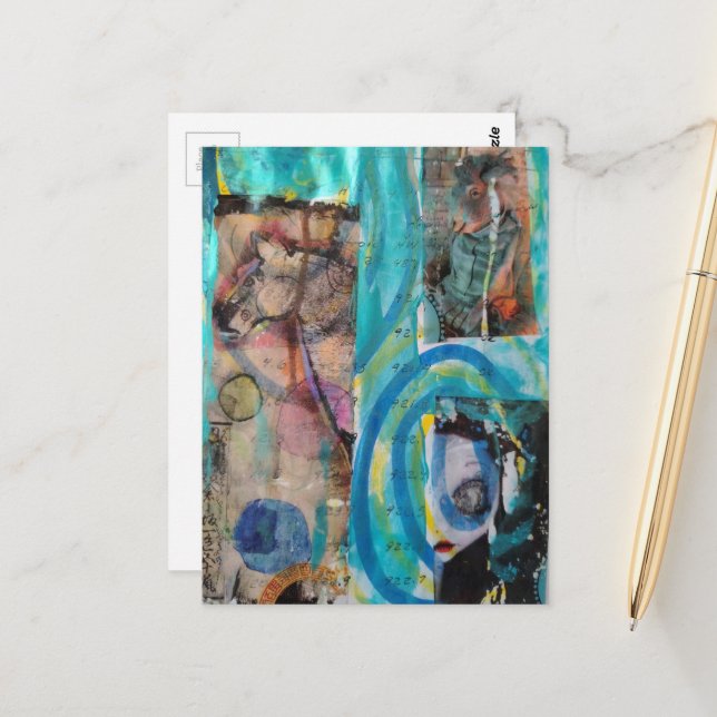 Retro Horse, Donkey, and Doll Mixed Media Collage Postcard (Front/Back In Situ)