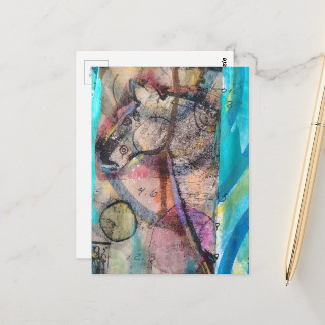 Retro Horse on a Blue Background Mixed Media Postcard (Front/Back In Situ)