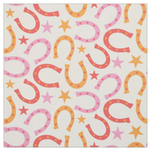 Retro Horseshoes pattern with stars in orange pink Fabric