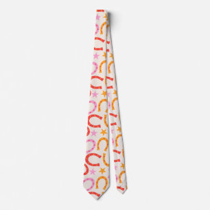 Retro Horseshoes pattern with stars in orange pink Tie