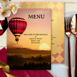 Retro Hot Air Balloon Sunset Wedding Menu Card