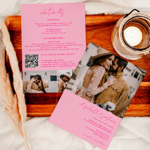 Retro hot pink 4 photo Qr all in one wedding Invitation