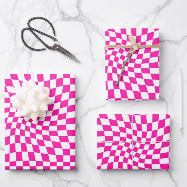 Retro Hot Pink Checks Warped Chequered Dorm   Wrapping Paper Sheet (Front)