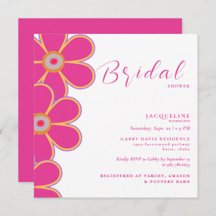 Retro Hot Pink Floral Square Bridal Shower Invitation