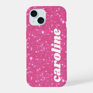 Retro Hot Pink Glitter Sparkle Personalised Name iPhone 15 Case