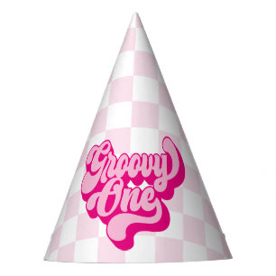 Retro Hot Pink Groovy One Check Party Hat