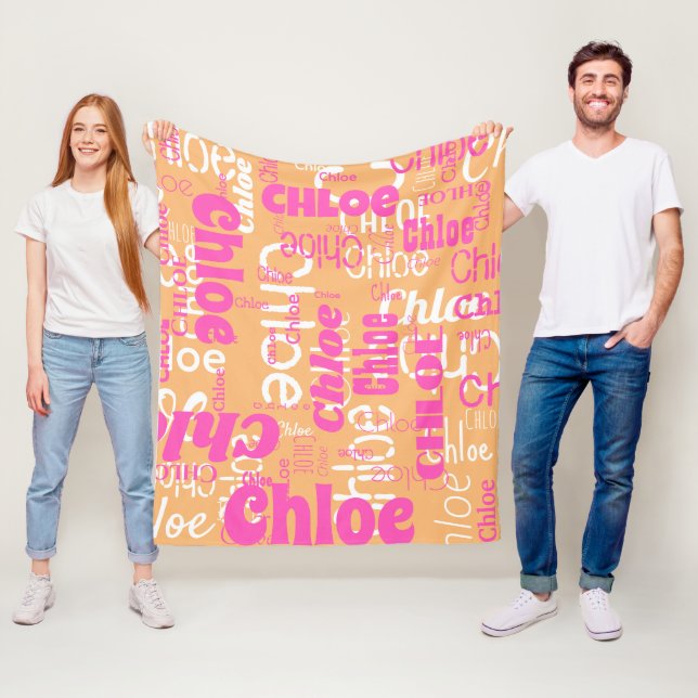Retro Hot Pink Orange Custom Name Pattern Modern  Fleece Blanket (In Situ)