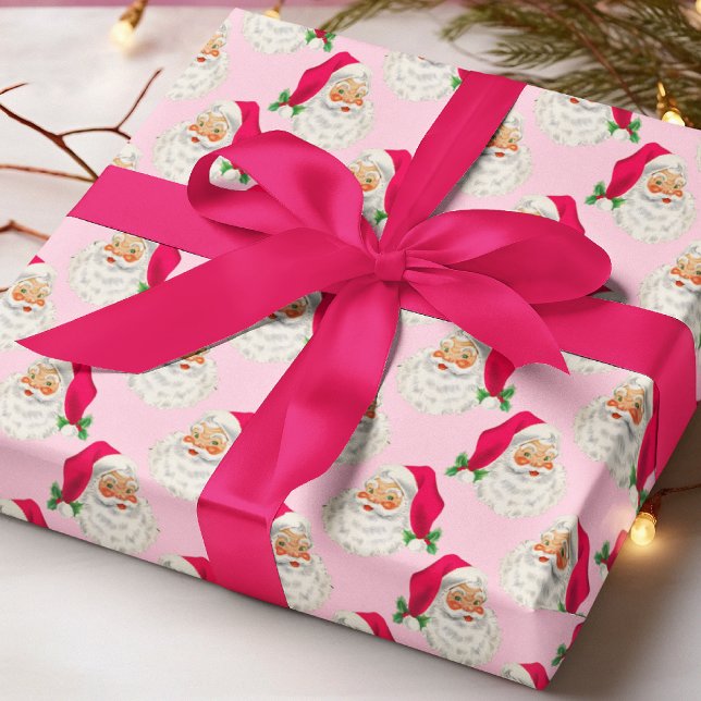 Retro Hot Pink Santa Christmas Wrapping Paper (Creator Uploaded)
