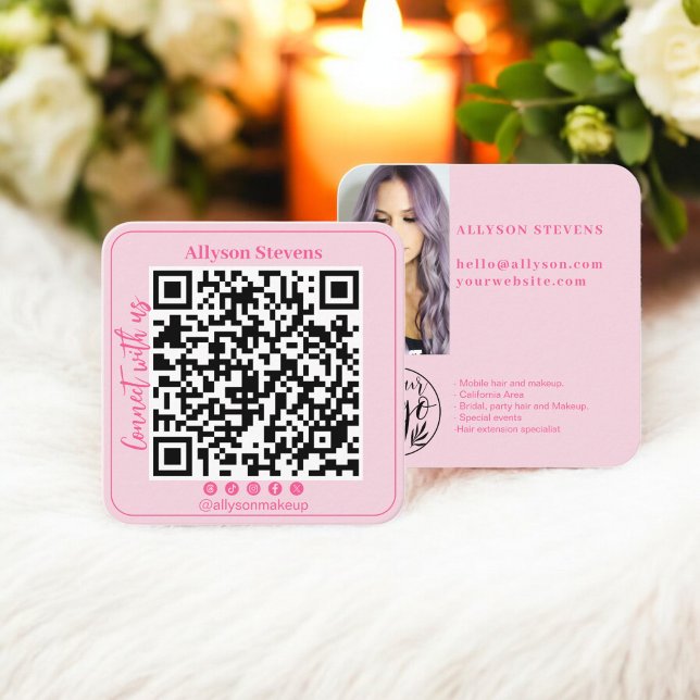 Retro Hot pink Social Media QR Code Photo Logo Square Business Card (Retro Hot pink Social Media QR Code Photo Logo Square Business Card)