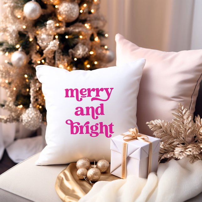 Retro Hot Pink Typography | Merry and Bright Cushion (A girly and trendy Christmas pillow with hot pink retro typography on a white background)