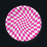 Retro Hot Pink Warped Chequerboard  Paper Plate<br><div class="desc">Perfect warped chequered design. Modern warped checkers. This nice retro psychedelic design takes you to the wonderland. Warped checks in pastel colours. Twirl and swirl,  twist checks,  chequered pattern</div>