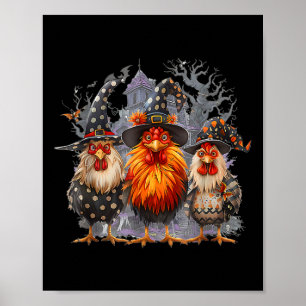 Retro House Chickens Witch Halloween Spooky Autumn Poster