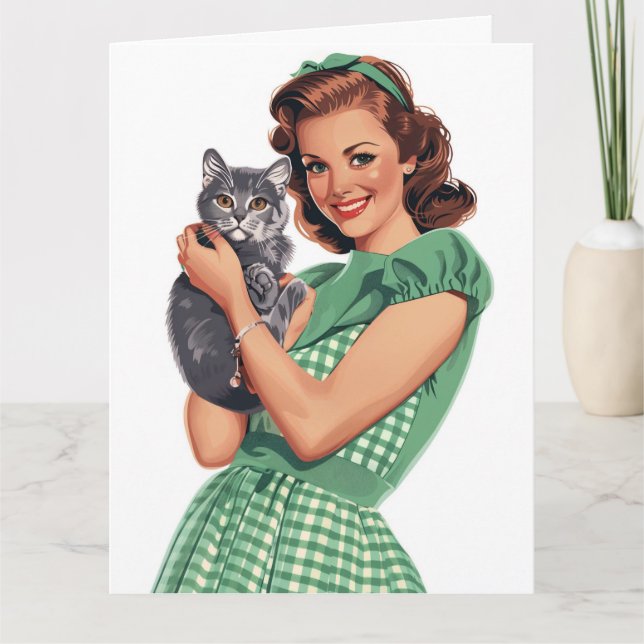 RETRO HOUSEWIFE CAT MOM  GREETING CARD (Front)
