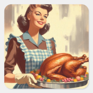 Retro Housewife Thanksgiving Turkey Vintage  Square Sticker