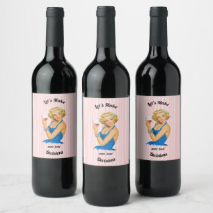 Retro Housewife Wine Pink Stripe Wine Label