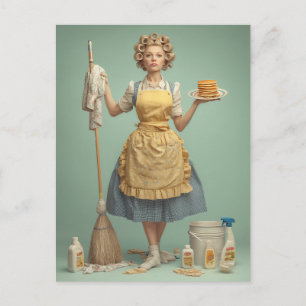 Retro Housewife With Pancakes Postcard