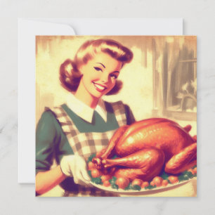 Retro Housewife with Thanksgiving Turkey Vintage Card