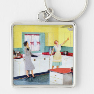 Retro Housewives in Kitchen Key Ring