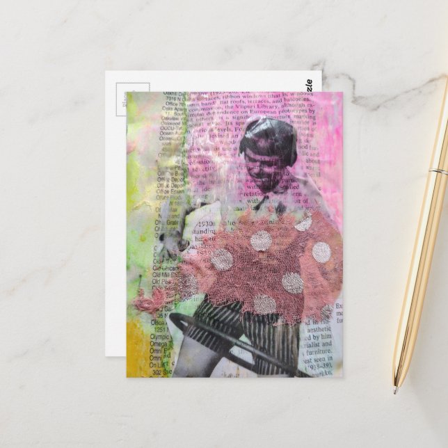 Retro Hula Hoop Dance Mixed Media Collage Postcard (Front/Back In Situ)