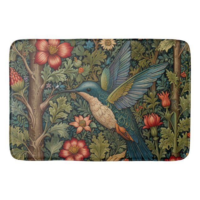 Retro hummingbird art nouveau boho chic bath mat (Front)