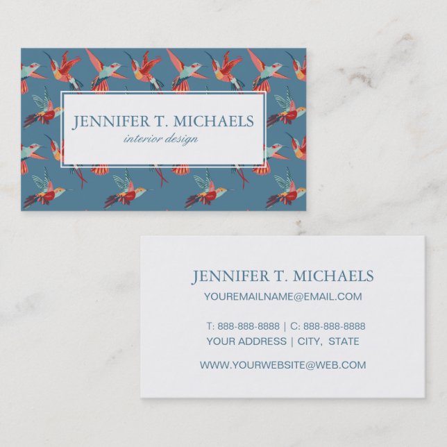 Retro Hummingbird Pattern | Monogram Business Card (Front/Back)