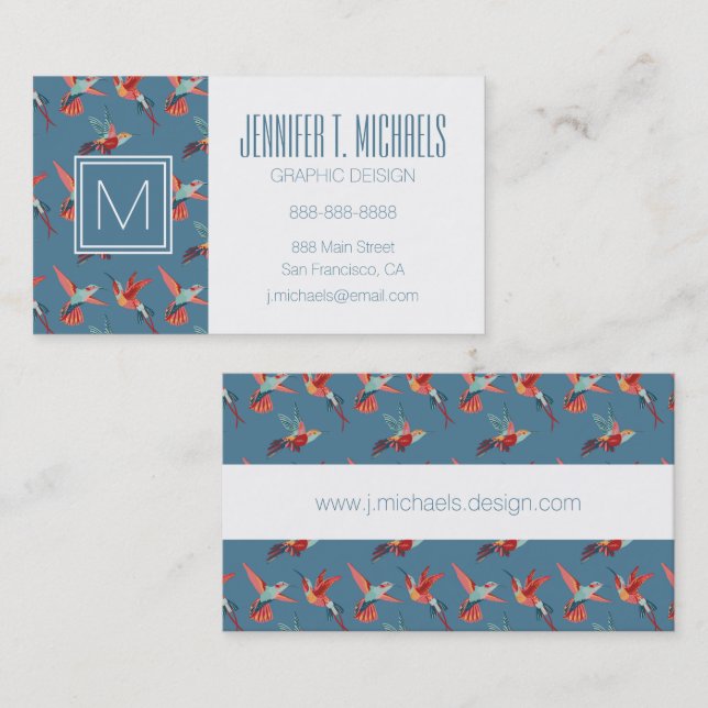 Retro Hummingbird Pattern | Monogram Business Card (Front/Back)