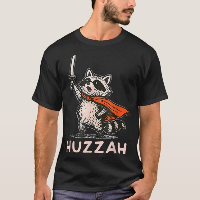 Retro Huzzah Raccoon Knight Funny Sword Meme Quote T-Shirt (Front)