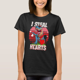 Retro I Steal Hearts Valentines Day Dinosaur Boys  T-Shirt