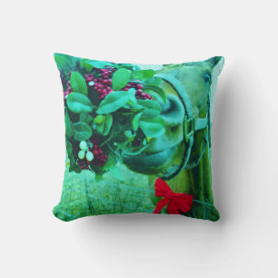 Retro Ice Blue, Brown Horse,Christmas Red Bow Cushion