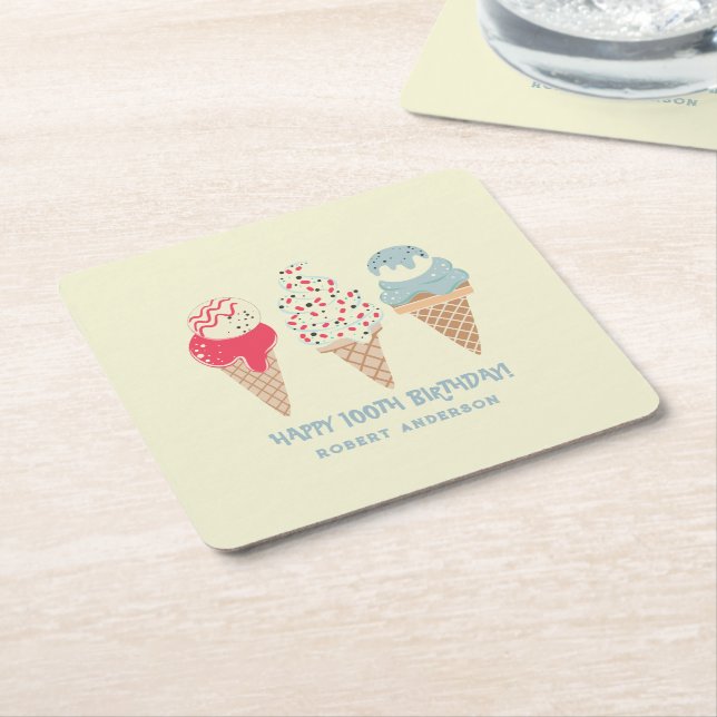 Retro Ice Cream Cone 100th Birthday Custom Square Paper Coaster (Angled)