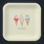 Retro Ice Cream Cone 21st Birthday Custom Paper Plate<br><div class="desc">New for Summer 2024. A retro patriotic design feature 3 ice cream cones in pastel retro red,  white and blue. Two lines of editable text allow you to customise this design.</div>