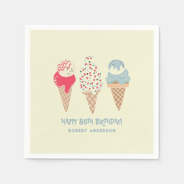 Retro Ice Cream Cone 80th Birthday Custom Napkin (Front)