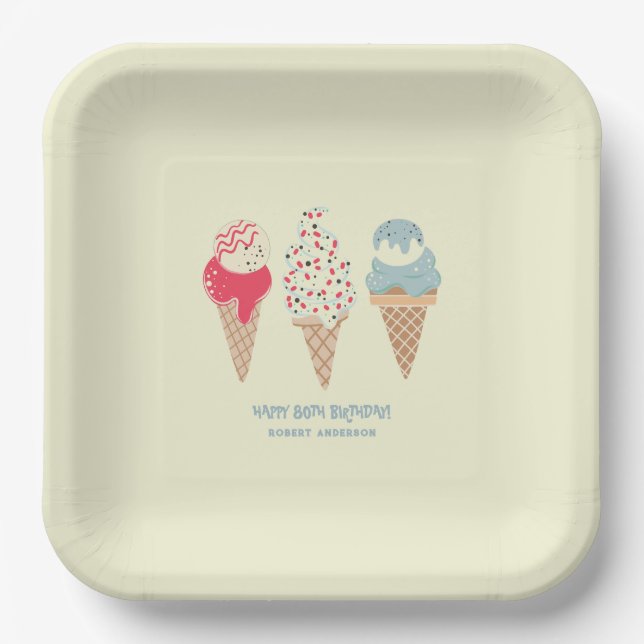 Retro Ice Cream Cone 80th Birthday Custom Paper Plate (Front)