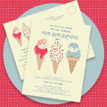Retro Ice Cream Cone 80th Birthday Invitation Postcard<br><div class="desc">New for Summer 2024. Our "Ice Cream,  You Scream We All Scream Happy 80th Birthday!" invitation postcard. Three retro watercolor ice cream cones with patriotic red,  white and blue ice cream and sprinkles take centre stage above your birthday party details.</div>