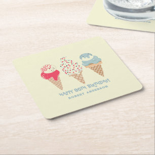 Retro Ice Cream Cone 90th Birthday Custom Square Paper Coaster
