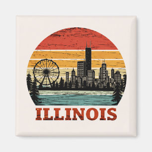 Retro Illinois Chicago Skyline Vintage Sunset Art Magnet