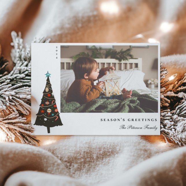 Retro Illustrated Christmas Tree Modern Holiday Card (Creator Uploaded)