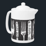 Retro Illustrated Cutlery Art<br><div class="desc">Stylish and unique black and white design of retro illustrated cutlery on small teapot.</div>