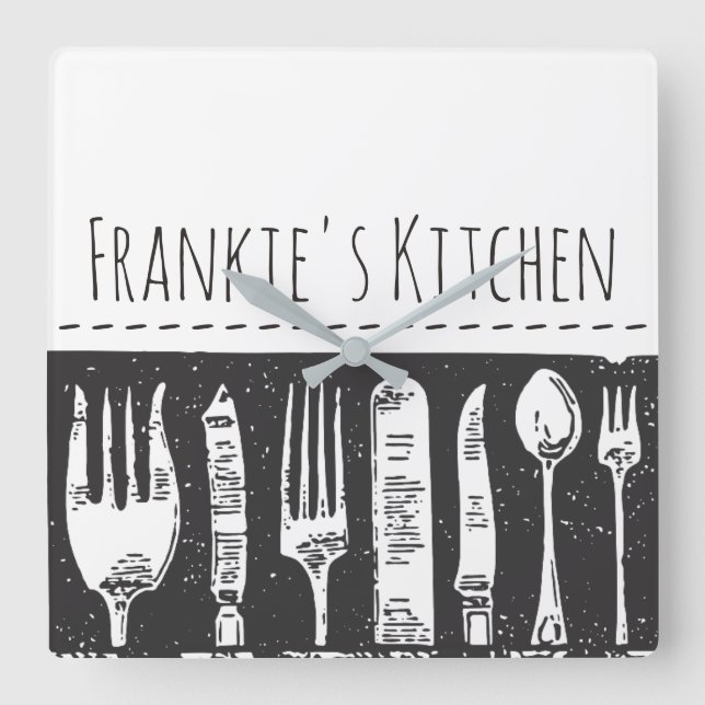 Retro Illustrated Cutlery Square Custom Text Wall Clock (Front)