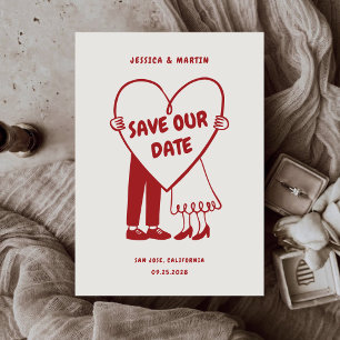 Retro Illustrated Monochromatic Red Theme Wedding Save The Date