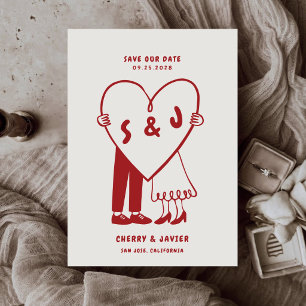 Retro Illustrated Monochromatic Red Theme Wedding Save The Date
